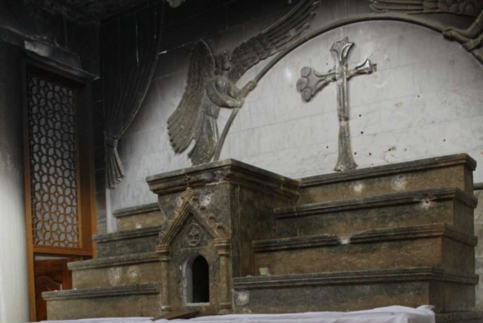 La chiesa di Mar Addi a Karamles: ben visibili i segni dei proiettili