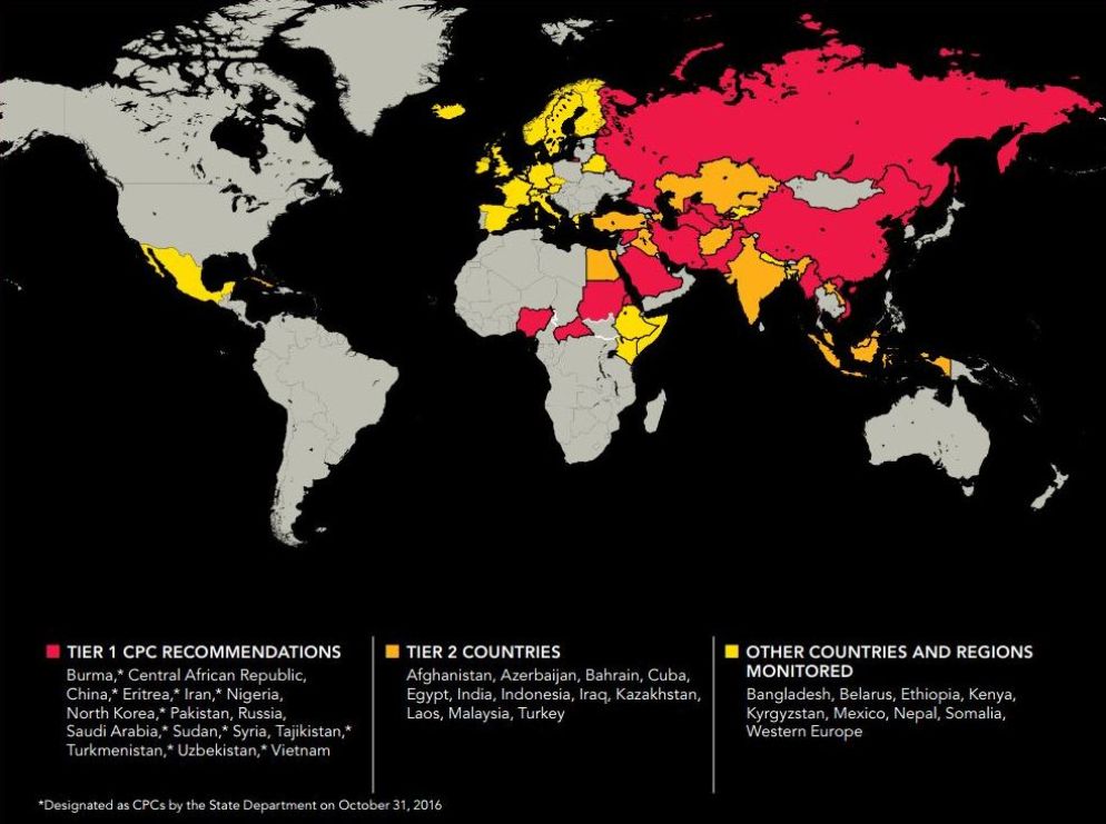 La mappa è contenuta nel rapporto annuale prodotto dalla Commissione per la libertà religiosa del Dipartimento di Stato americano (USCIRF)