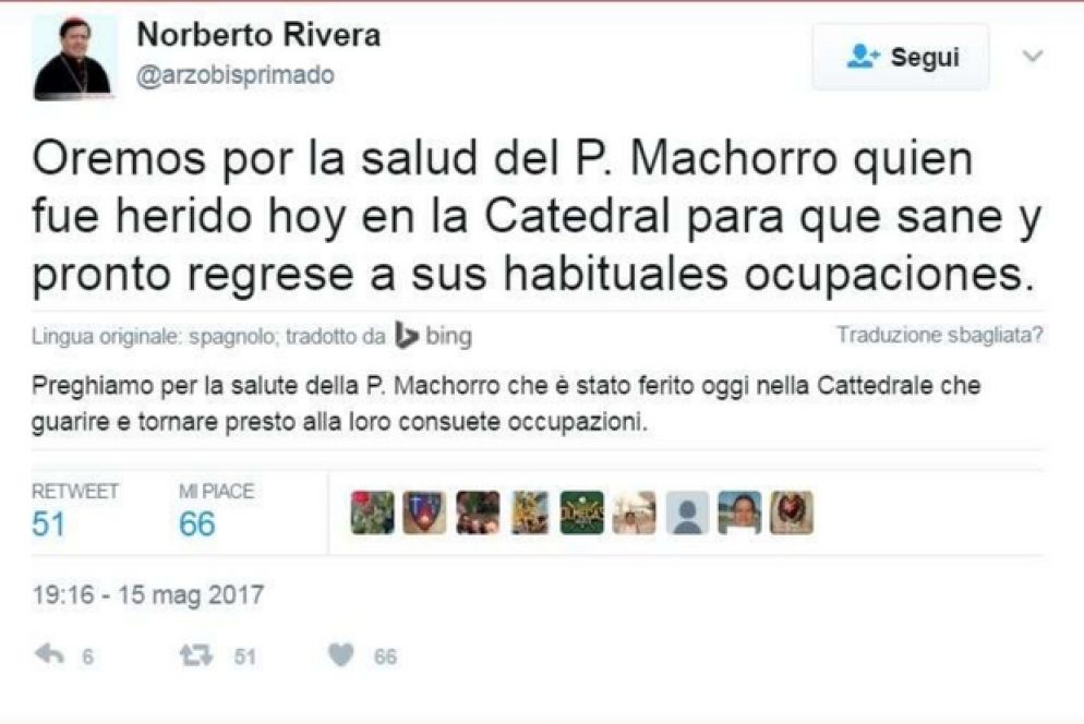 Il tweet del cardinale Norberto Rivera che chiesto alla comunità di pregare per la salute di padre Machorro