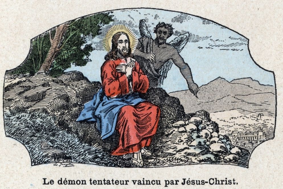 Le Tentazioni di Cristo nel deserto in una stampa parigina colorata del XIX secolo