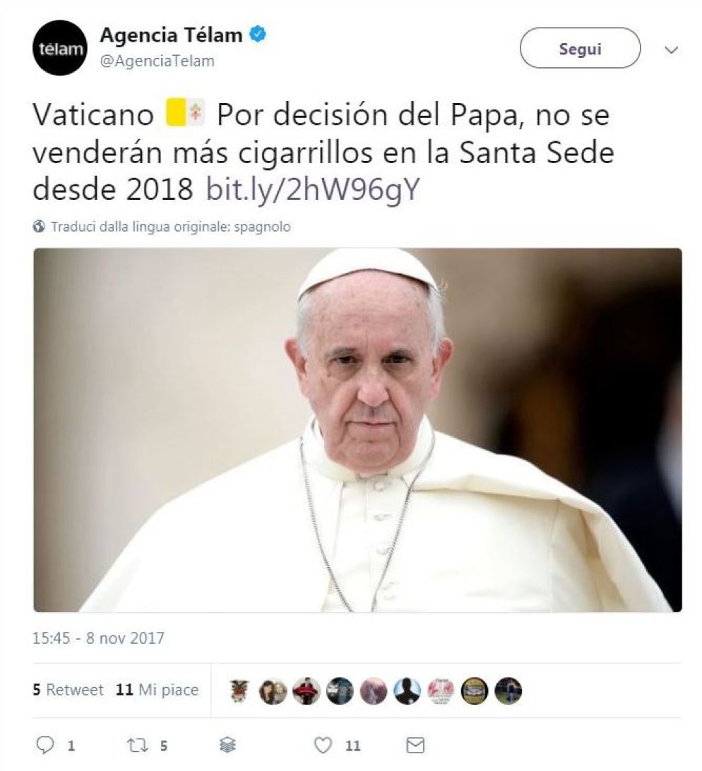 Il Tweet dell'agenzia di stampa Télam che ha anticipato la notizia