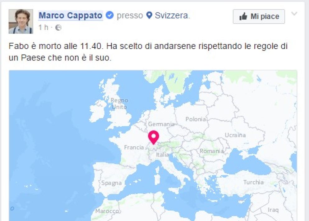 Il post su Facebook di Marco Cappato
