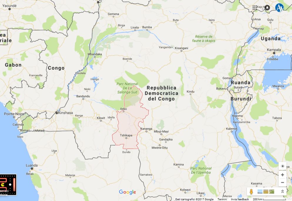 In evidenza la provincia del Kasai e, a est del Kasai, la città di Kananga