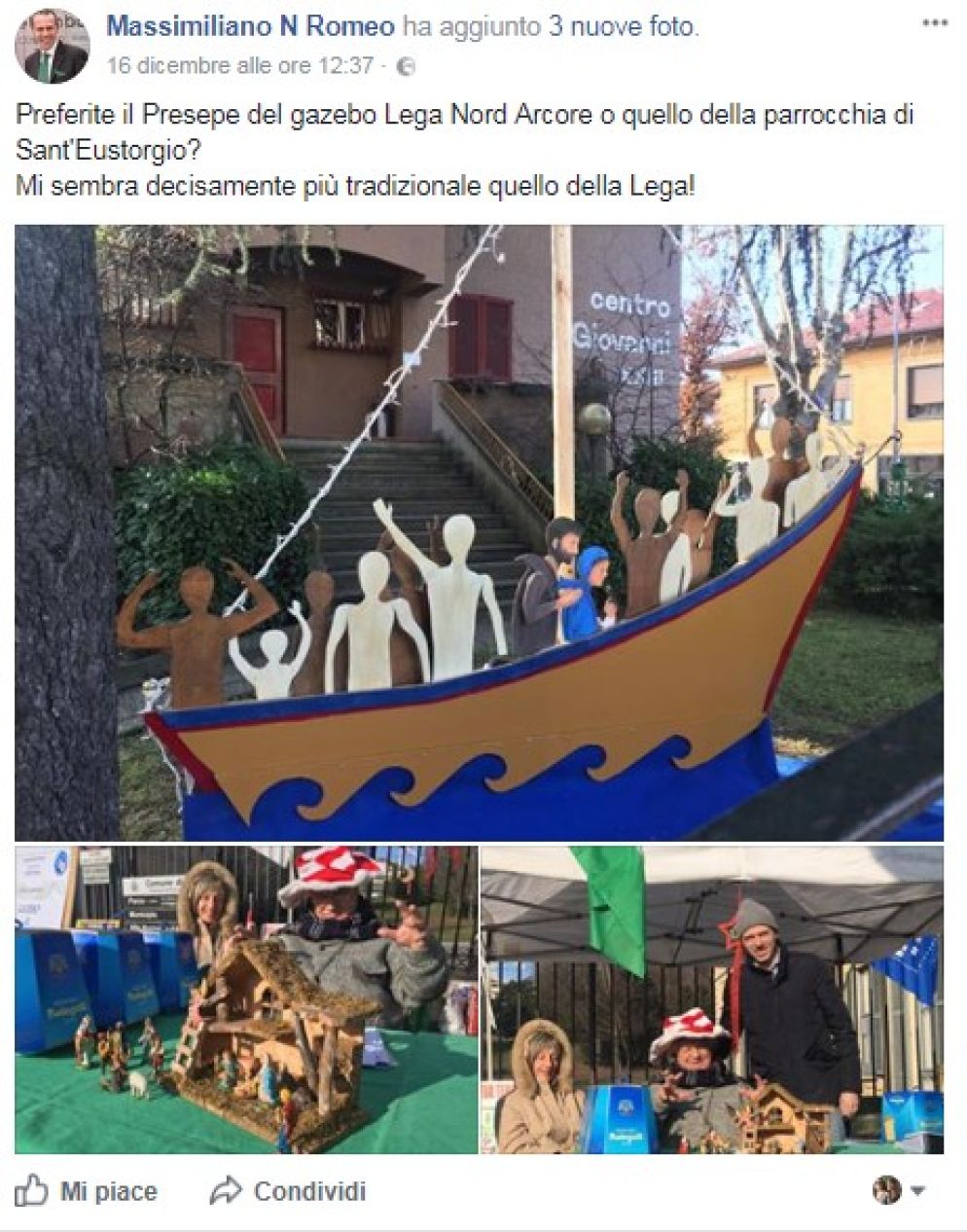 Il post con il quale l'esponente leghista critica l'allestimento del presepe esterno