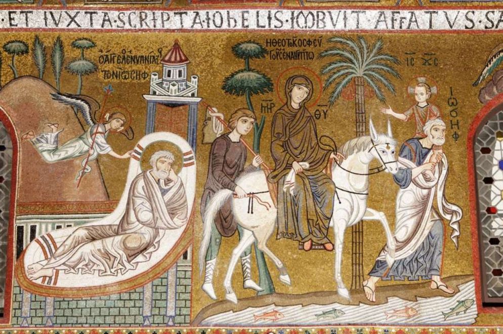 Il mosaico con la “Fuga in Egitto” nella Cappella Palatina a Palermo, in cui san Giuseppe porta in spalla il bimbo Gesù (Wikicommons)