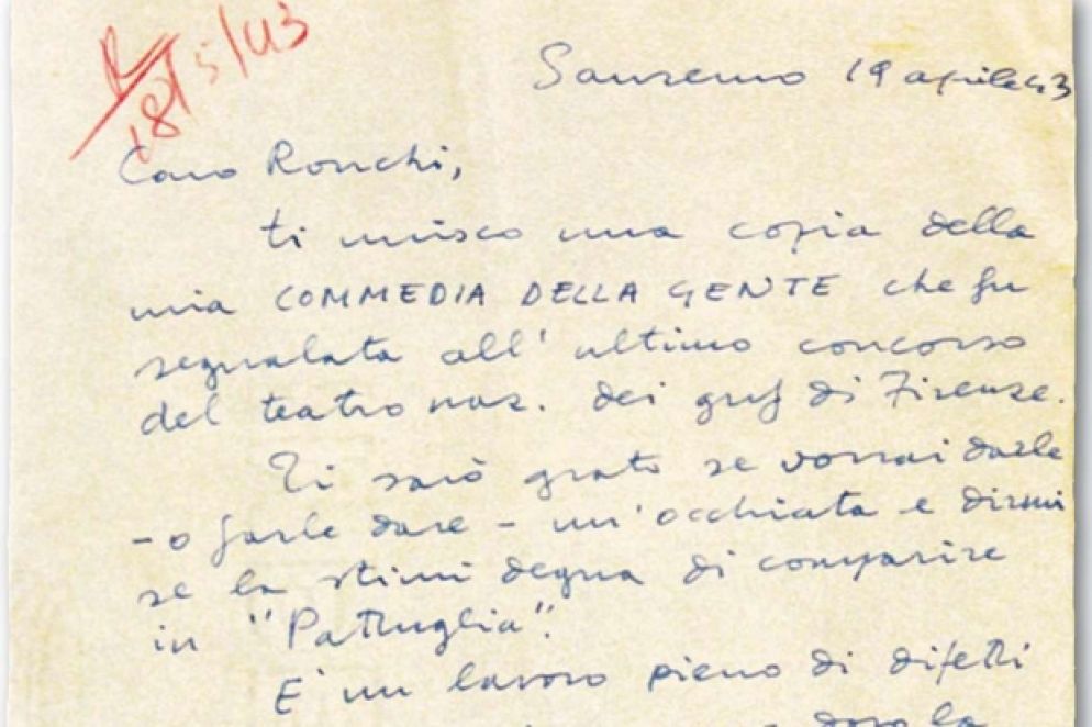 La lettera del 19 aprile 1943 a Walter Ronchi che accompagnava il testo teatrale del giovane Calvino.