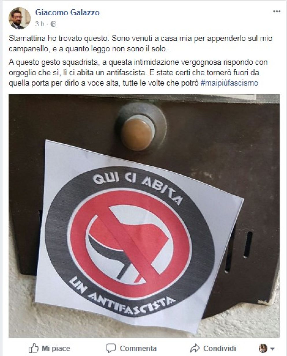 Il post facebook di Giacomo Galazzi