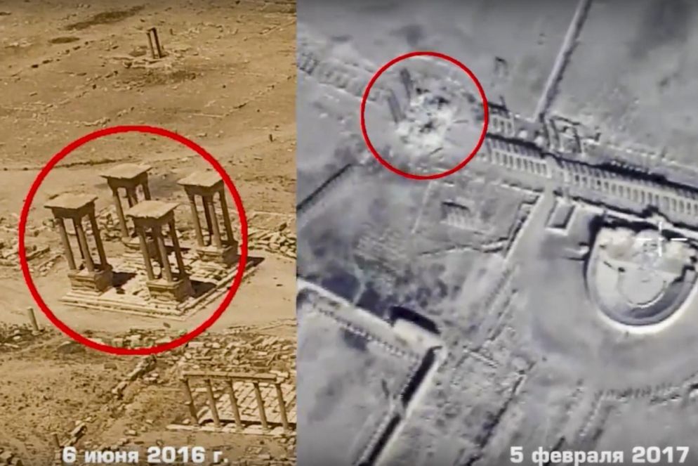 La foto mostra alcune distruzioni ad opera del jihadisti. A sinistra prima, a destra dopo il Daesh (Ansa)