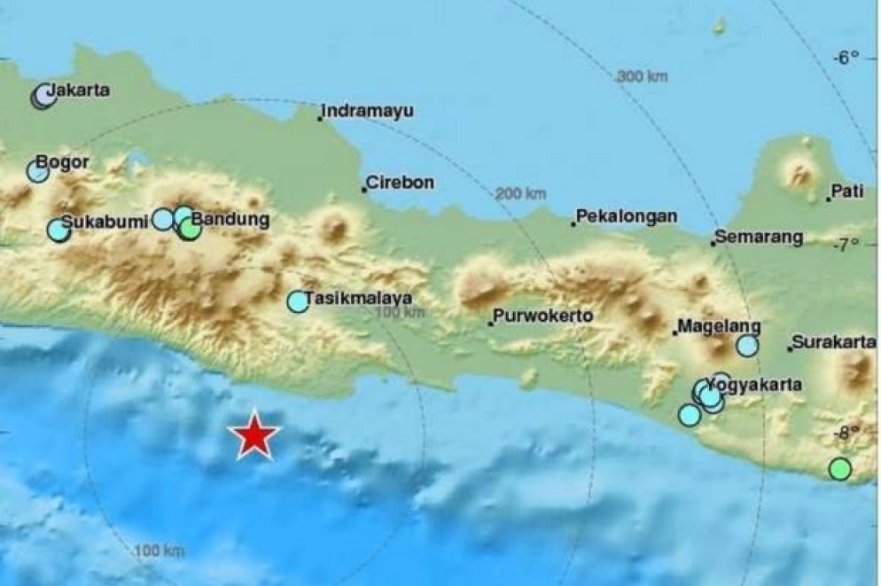 L'epicentro del terremoto magnitudo 6.5 Richter che ha colpito l'isola di Giava in Indonesia