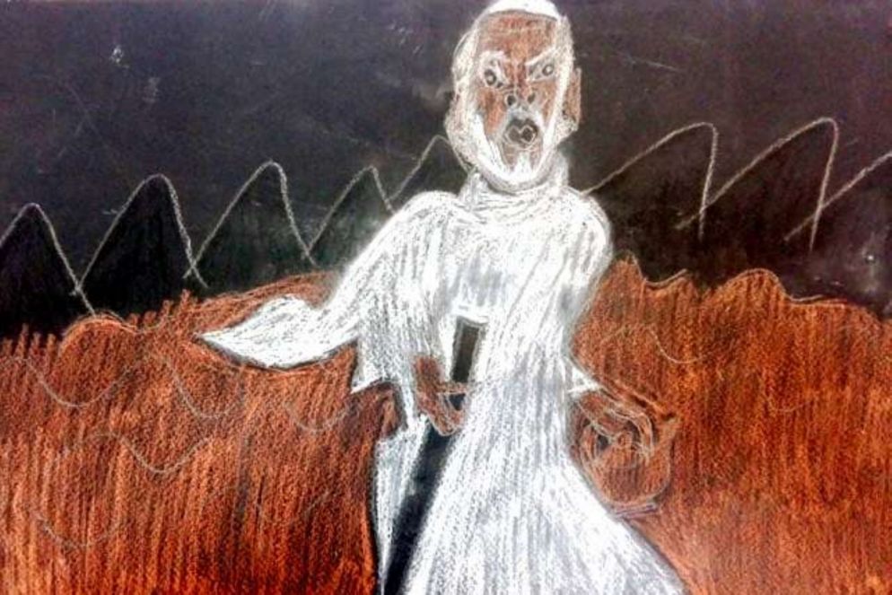 «Anziano profugo» Marianna Caprioletti (carboncino e sanguigna su cartoncino)