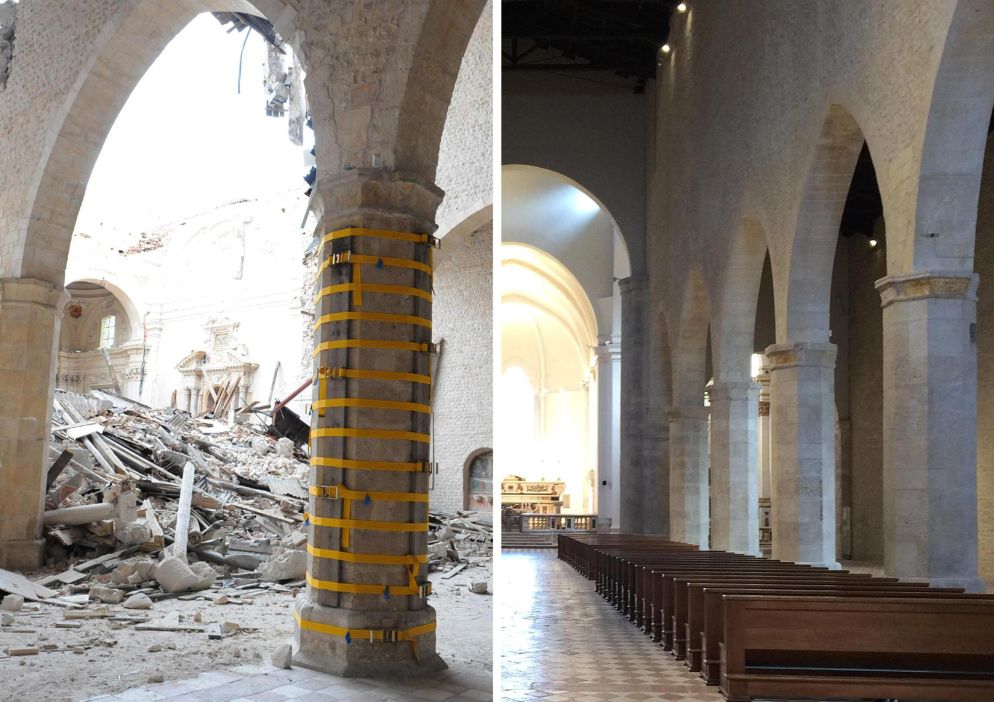 L'interno della basilica di Collemaggio a L'Aquila. La chiesa fu voluta da Papa Celestino V per celebrare ogni anno la Perdonanza, l'indulgenza plenaria dopo il passaggio nella Porta Santa posta su un lato della chiesa. La chiesa, ricostruita dall'Eni con un investimento complessivo di 14 milioni di euro, è stata ultimata e aperta al pubblico in tempo per Natale 2016