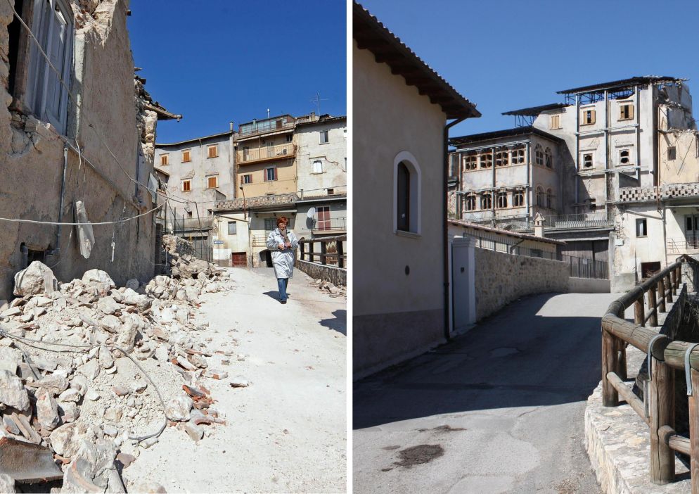 Una delle strade di Tempera, tra le frazioni più colpite nel terremoto del 2009: otto vittime e la pressoché totale distruzione del nucleo storico del paese. In seguito alla scossa si è registrato anche un abbassamento ed uno spostamento delle sorgenti del fiume Vera