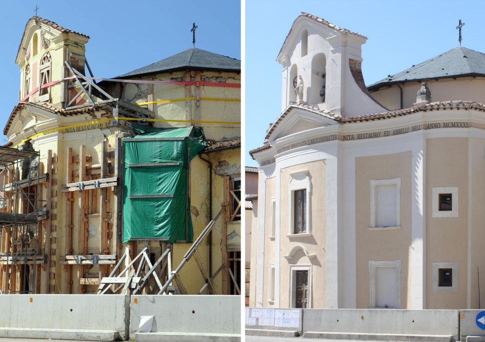 La Chiesa degli angeli custodi a Paganica. Dopo una serie di problematiche burocratiche, l'avvio del cantiere è iniziato con cinque anni di ritardo solo nel 2016, con un investimento economico di circa 1,6 milioni di euro e terminato lo scorso anno. Anche qui la ristrutturazione ha permesso di ritrovare un reliquiario di rame con i resti di san Giustino, sparito nel 1992.