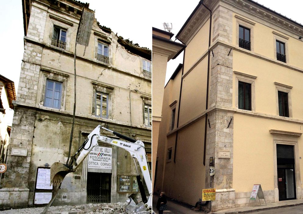 Uno dei palazzi su corso Federico II che fa angolo con piazza Duomo in pieno centro storico del capoluogo. Il palazzo prima del sisma ospitava alcune botteghe artigiane che oggi stanno faticosamente tornando ad alzare la saracinesca