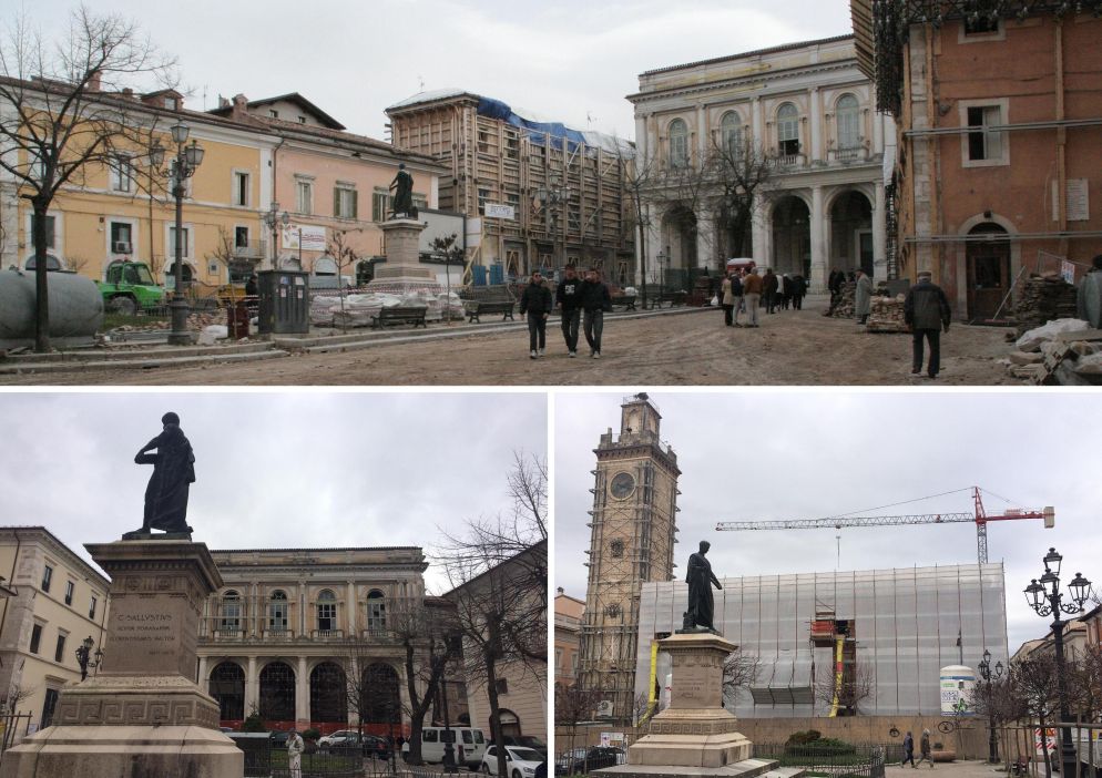 Uno scorcio di Piazza Palazzo a L'Aquila, il luogo su cui sorge Palazzo Margherita, sede storica del Comune che sarà riconsegnata alla città ad inizio 2020. La piazza è riaperta al pubblico dal 2010 e nello stesso anno fu teatro della manifestazione del popolo delle carriole, circa 6mila persone riunite per liberare la piazza dalle macerie