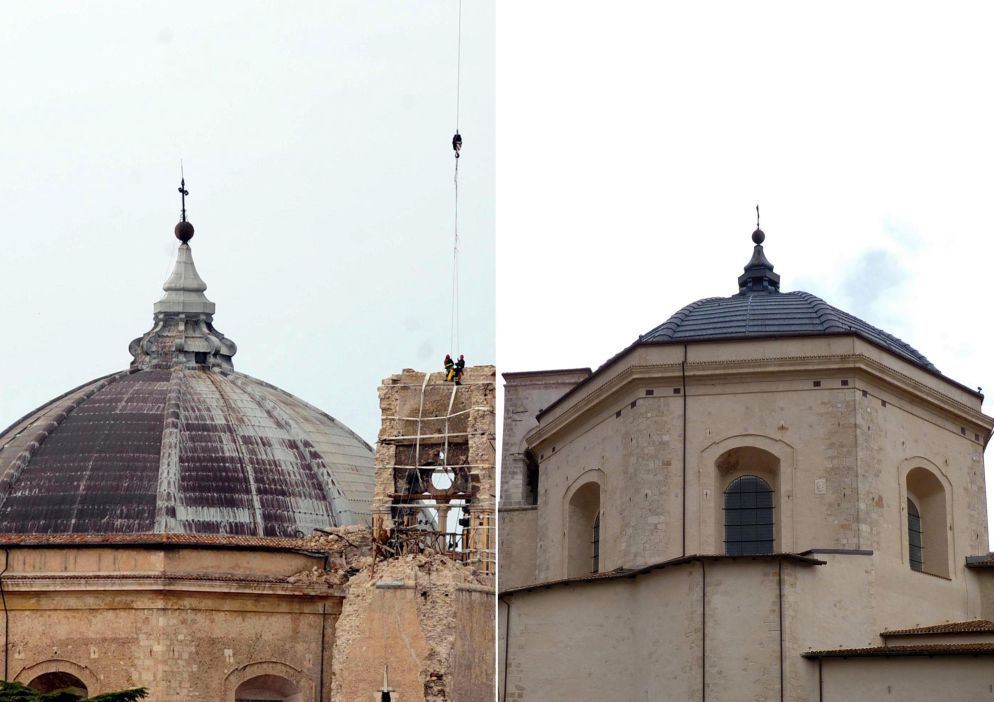 Il campanile della Basilica di San Bernardino l'Aquila. La basilica di metà del 1400 aveva avuto seri danni alla cupola e al campanile durante il sisma, ma con una sapiente catalogazione delle pietre è stato possibile ricostruire fedelmente l'intera struttura compreso il vicino monastero riaperta al pubblico nel 2015 dopo un investimento complessivo di 13 milioni di euro. Nel 2017 è stato quindi completato il restauro della cappella e del mausoleo di San Bernardino, tornato ad ospitare le spoglie del Santo nell'anniversario della sua morte.