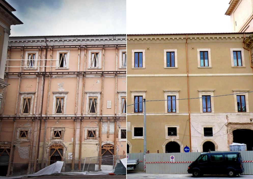 Il palazzo che prima del sisma ospitava la storica libreria universitaria dell'Aquila Colacchi. Ad oggi i lavori di ristrutturazione sono a buon punto, ma la struttura non ha ancora riaperto al pubblico