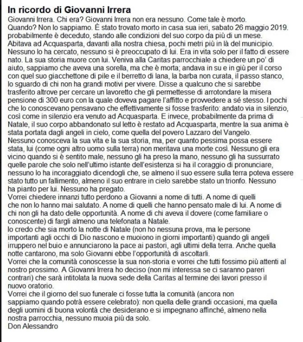 Il post di don Alessandro sui social