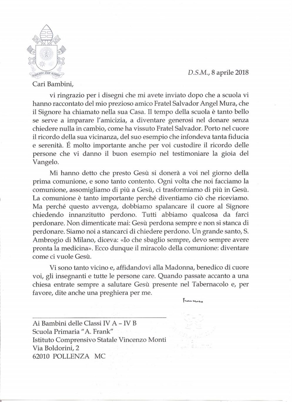 La lettera di papa Francesco agli alunni della quarta A e B della scuola primaria “Anna Frank” di Pollenza