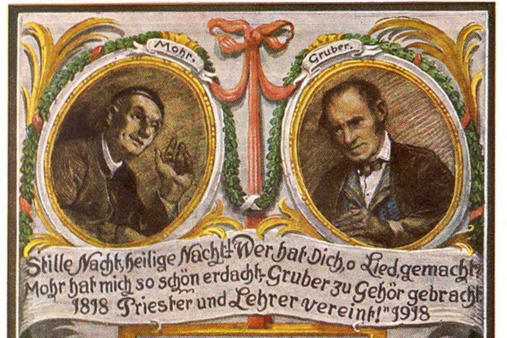 Il sacerdote Joseph Mohr e il compositore amatoriale Franz Xaver Gruber in un'icona del Giubileo della canzone del 1918