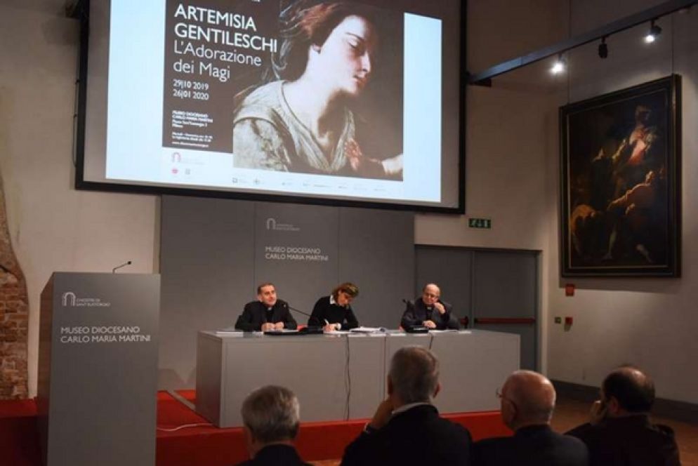 Milano, Museo Diocesano: l'arcivescovo Delpini, la direttrice Righi e il vescovo Pascarella (foto Itl-Mariga)