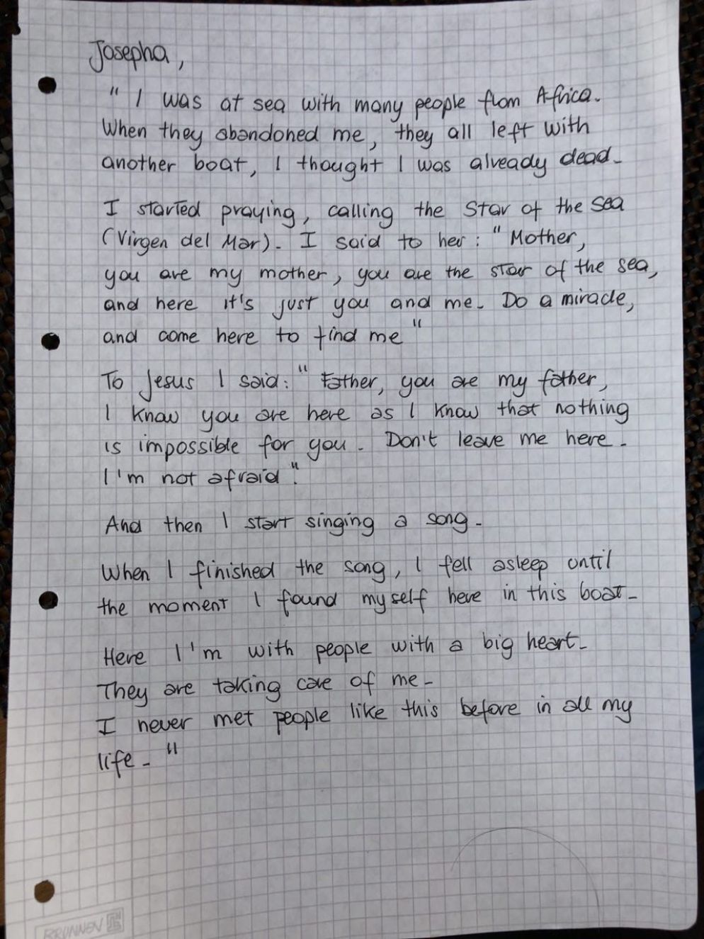 La lettera di Josepha in cui ricorda quelle ore terribili e la preghiera a Maria