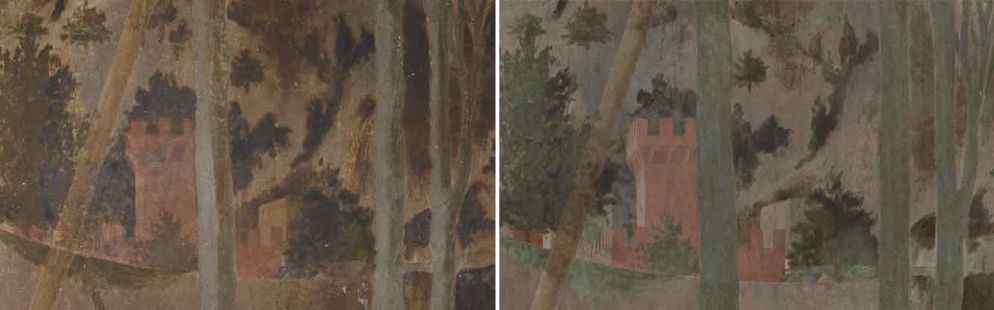 Un particolare del paesaggio nella Resurrezione di Piero della Francesca a Sansepolcro prima e dopo il restauro