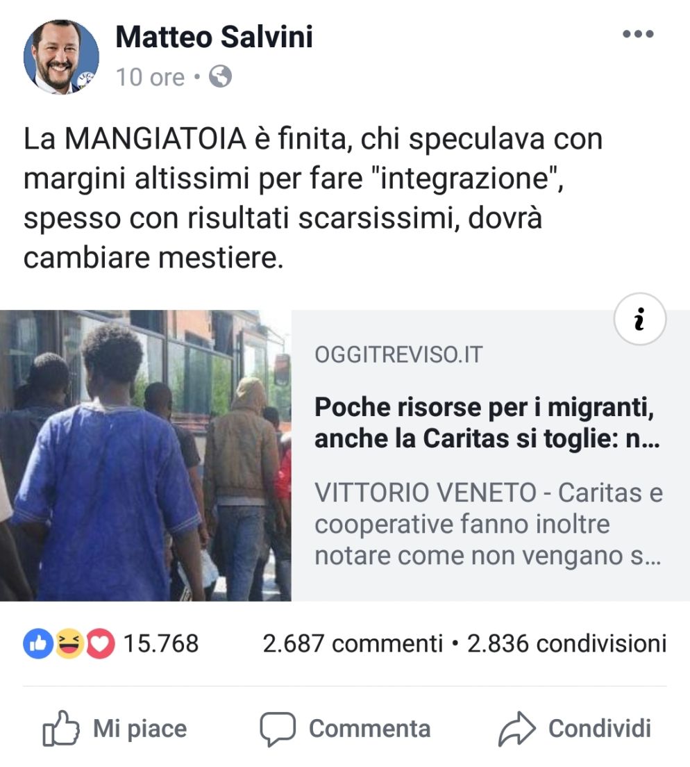 Il twitter di Salvini che attacca in modo sprezzante chi aiuta i più poveri, anche italiani