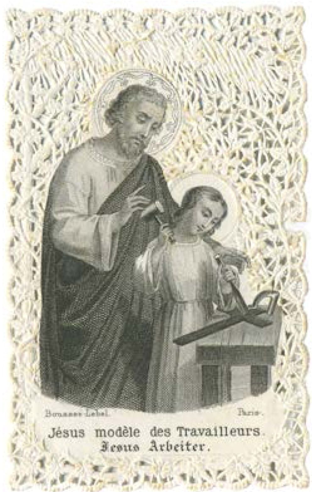 “Gesù lavoratore”, siderografia con fondo traforato a merletto con motivi floreali, Francia