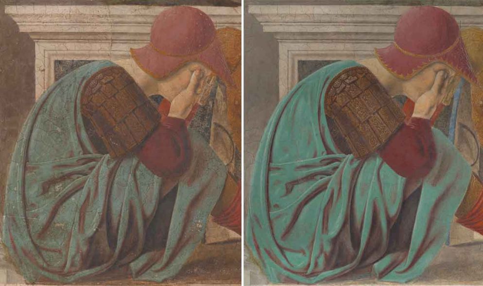Il particolare di un soldato nella Resurrezione di Piero della Francesca a Sansepolcro prima e dopo il restauro
