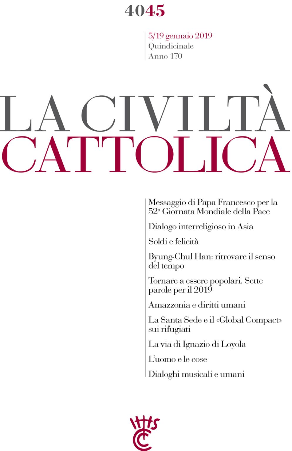 L’articolo del direttore padre Antonio Spadaro fa parte del fascicolo 4045 di «Civiltà Cattolica» (5-19 gennaio). Nello stesso numero del quindicinale scritti su Amazzonia e diritti umani (padre Arturo Peraza), Santa Sede e Global compact (padre Michael Gallagher) e spiritualità di Ignazio di Loyola (padre Maurice Giuliani).