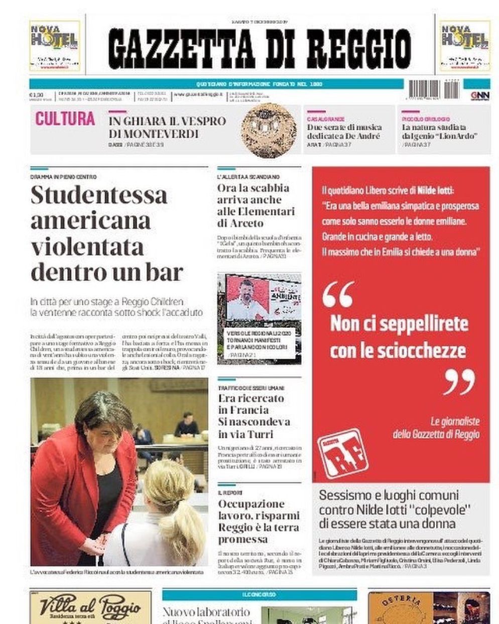 La prima pagina della Gazzetta di Reggio Emilia