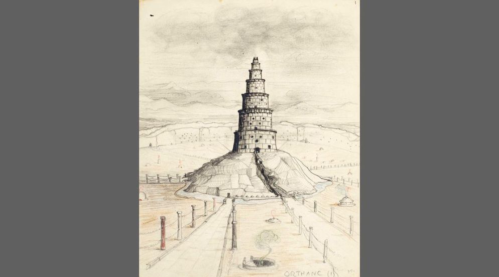 J.R.R Tolkien, "Orthanc I", disegno di torre della fortezza di Isengard (1942) - © J.R.R Tolkien