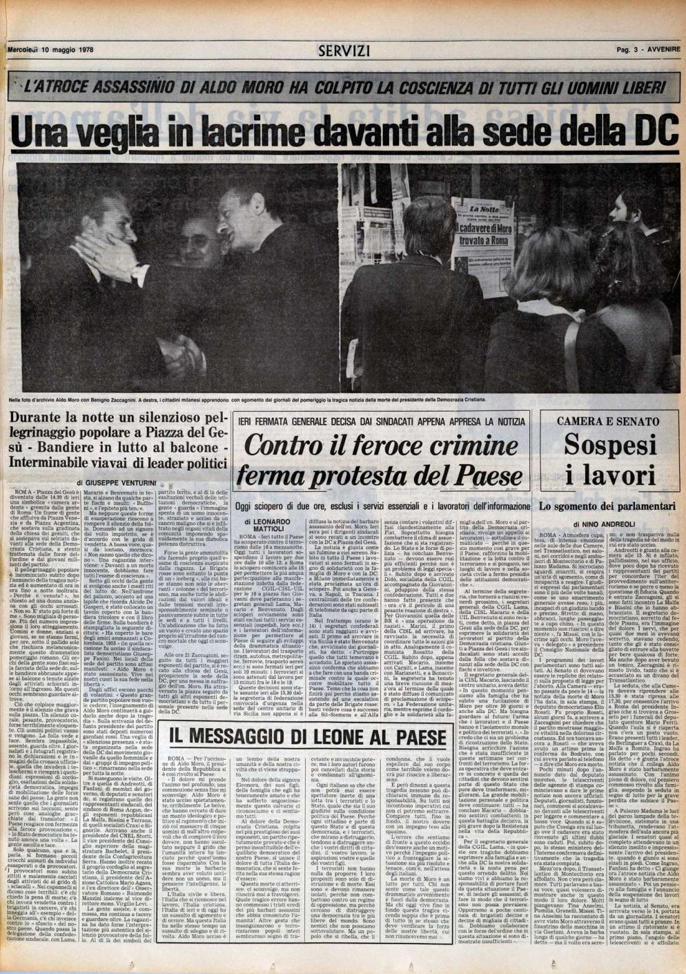 L'emozione suscitata dal ritrovamento del corpo di Moro nella seconda pagina di Avvenire del 10 maggio 1978