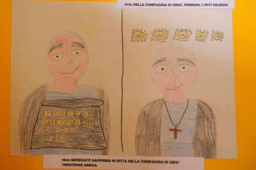 I disegni dei bambini di Pollenza su fratel Mura, autista di Bergoglio, inviati a papa Francesco