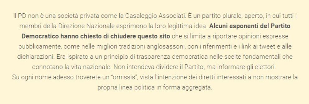 La scritta comparsa nel sito senzadime.it del Pd
