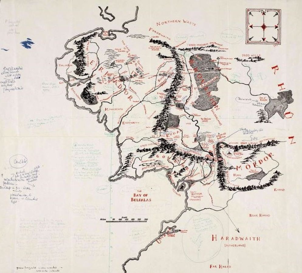 Mappa della Terra di Mezzo annotata da J.R.R Tolkien nel 1969 e disegnata dal figlio Christopher - © Eredi Tolkien