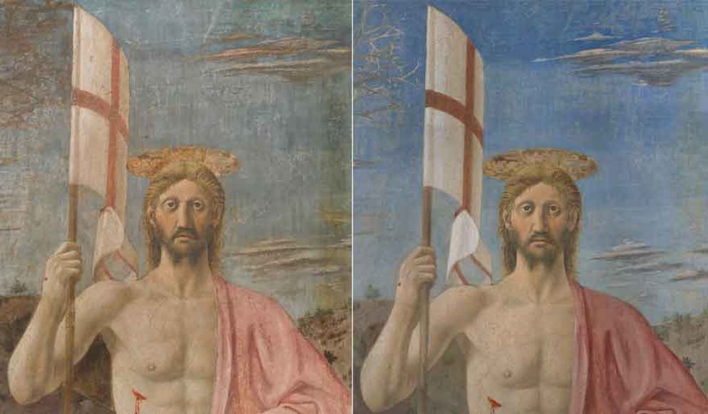 Il particolare di Cristo nella Resurrezione di Piero della Francesca a Sansepolcro prima e dopo il restauro