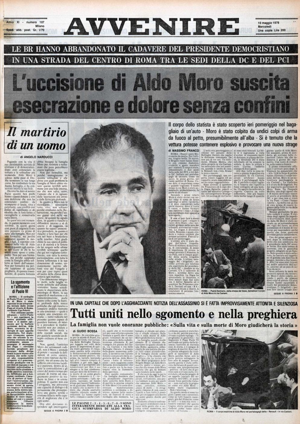 La prima pagina di Avvenire del 10 maggio 1978