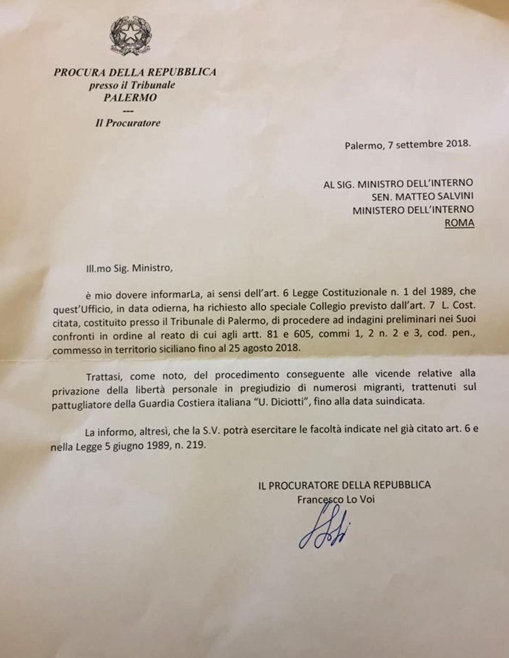 La lettera ricevuta dal ministro Salvini (Ansa) - ANSA