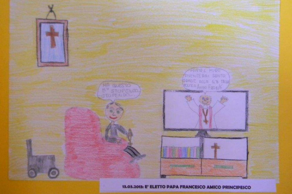 I disegni dei bambini di Pollenza su fratel Mura, autista di Bergoglio, inviati a papa Francesco