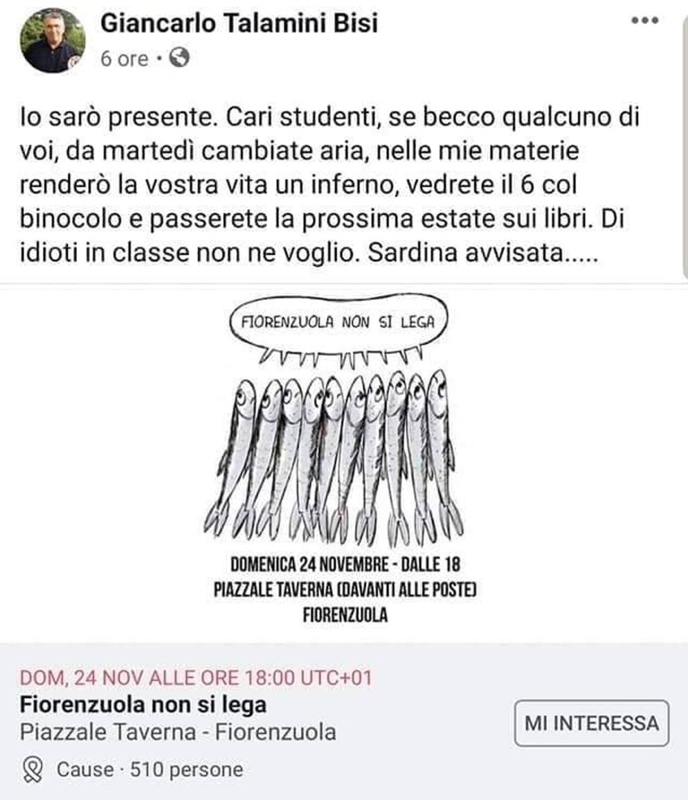Il post del professore con la minaccia agli studenti, poi fatto sparire (Ansa) - ANSA