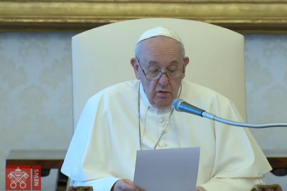 Papa Francesco durante un'udienza nella Biblioteca Apostolica