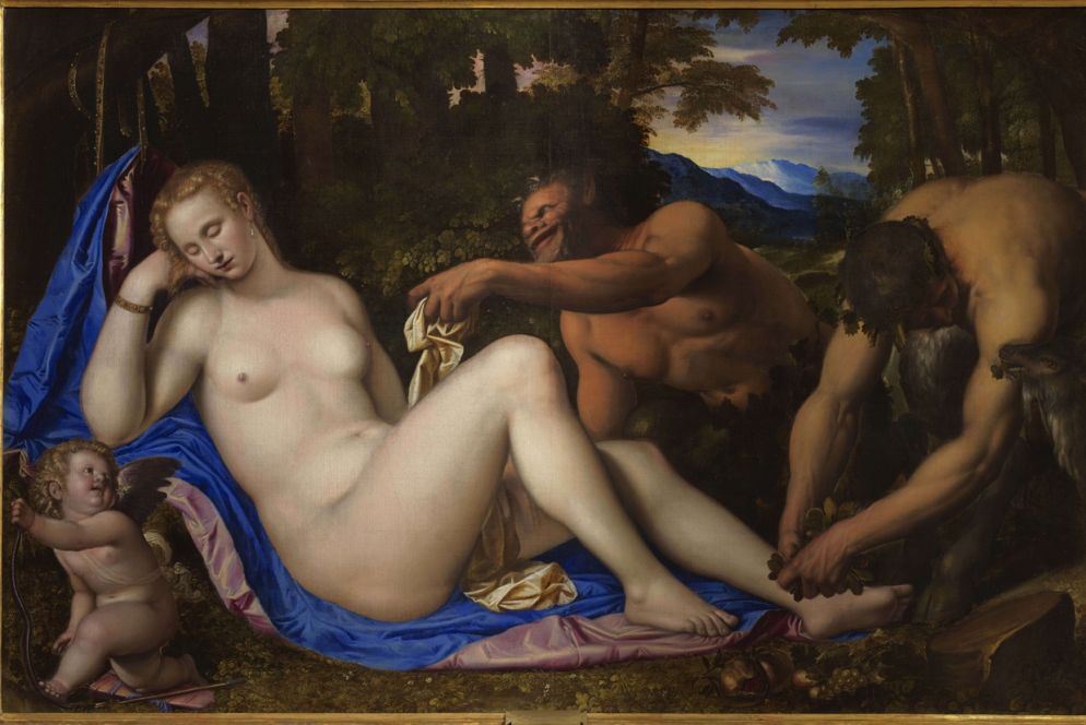 Simone Peterzano, "Venere e Cupido con due satiri in un paesaggio", 1570, olio su tela. Pinacoteca di Brera, Milano