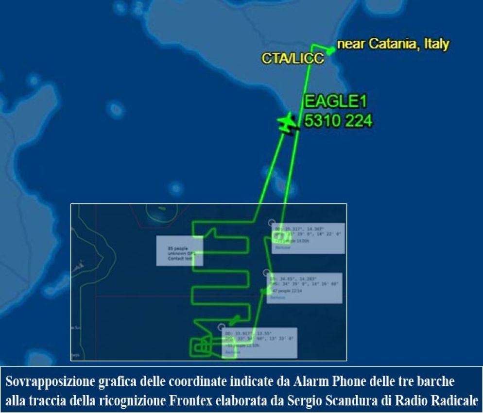 Foto La sovrapposizione tra la rotta dei voli di Frontex (prima che venissero oscurati) e la posizione gps dei barconi in mare.