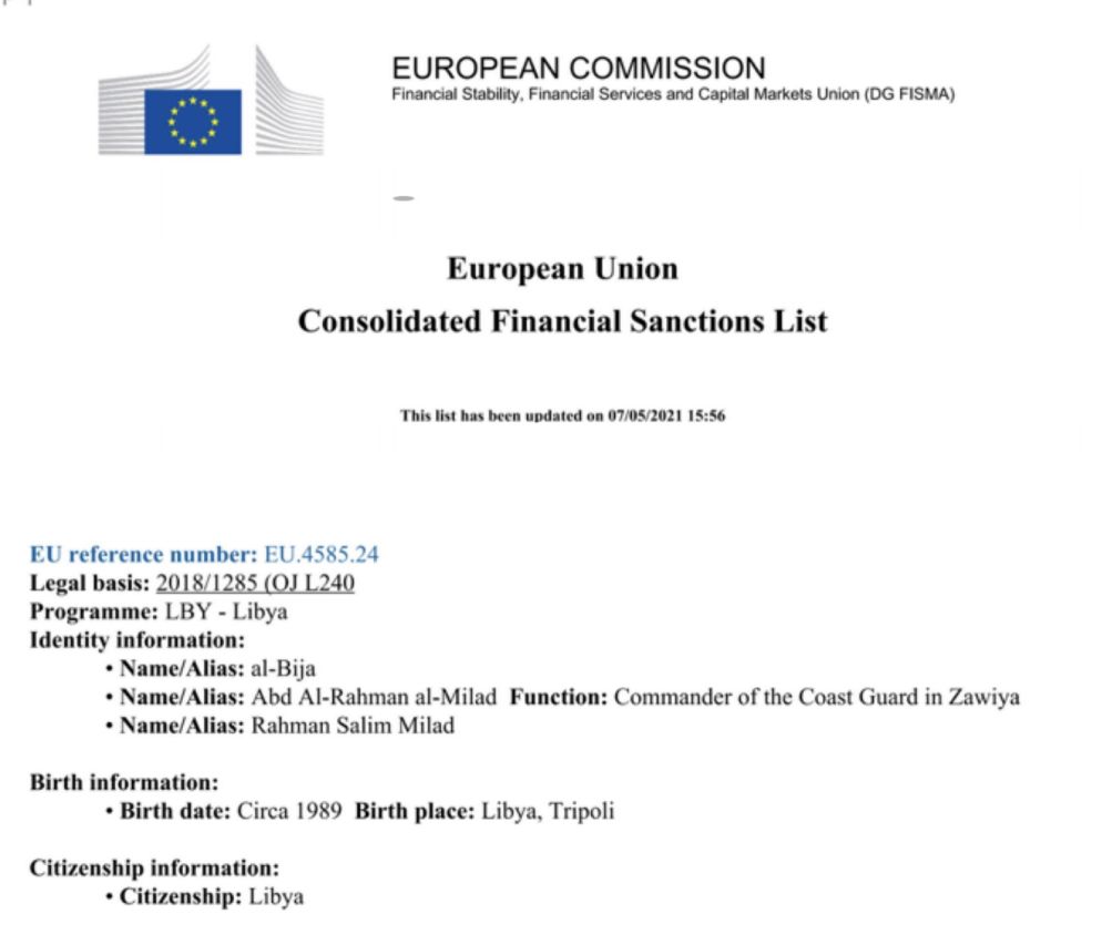 La scheda con la conferma delle sanzioni dell'Unione europea nei confronti di Bija, riconfermata dopo la scarcerazione