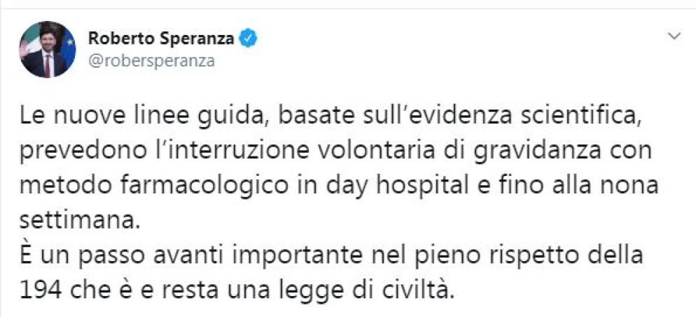 Il tweet del ministro Speranza - Twitter