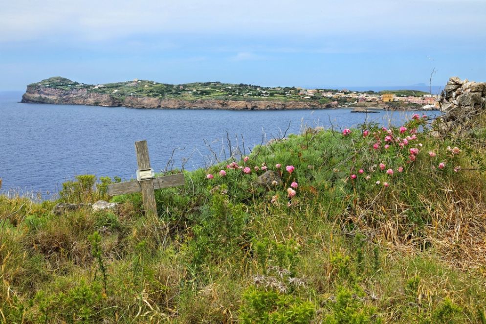 Ventotene vista dal cimitero degli ergastolani sull'isolotto di Santo Stefano. In primo piano la tomba di Gaetano Bresci - .