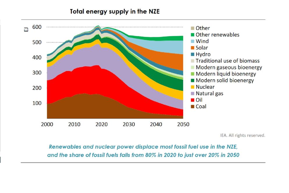 Lo scenario della Iea sulla quote di energia prodotta dalle diverse fonti per arrivare a emissioni nette zero nel 2050 - Iea