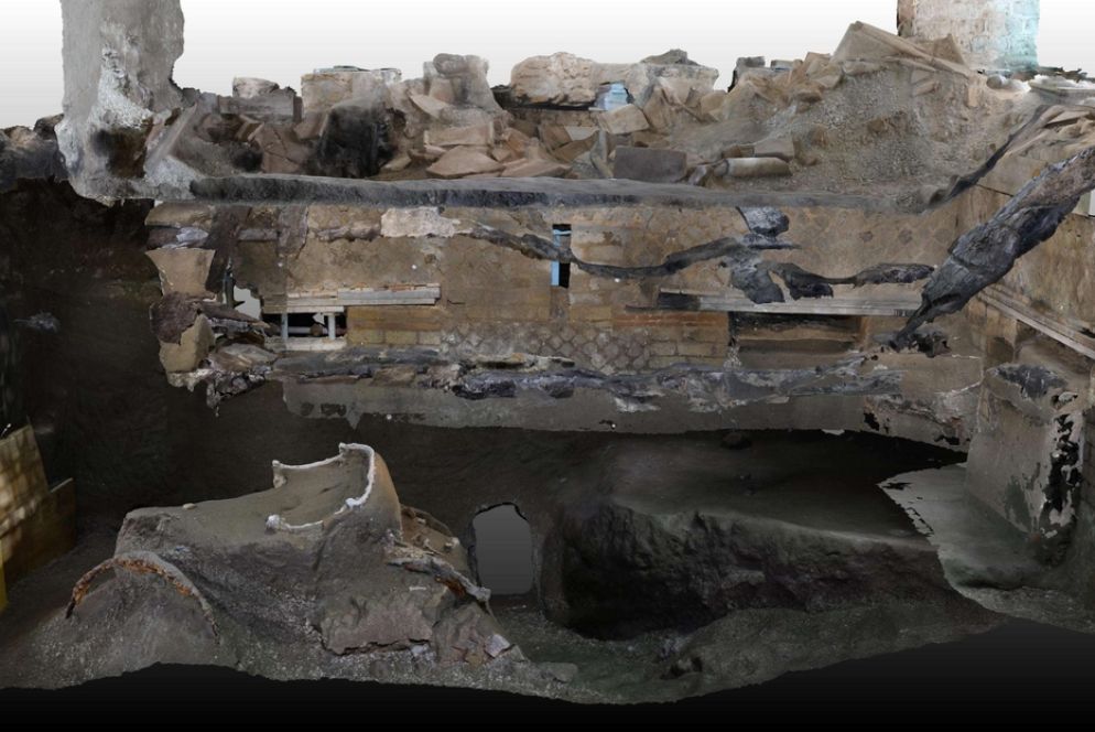 Ricostruzione digitale dell'area di scavo, con il portico e il carro - Ansa